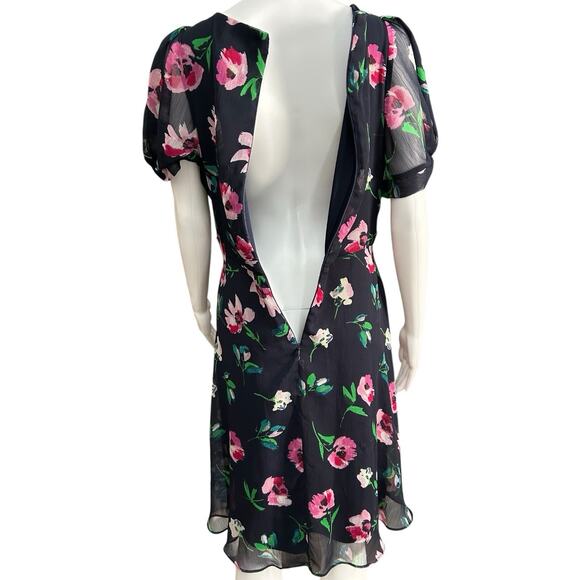 Dkny Knot Puff Sleeve Chiffon Fit Flare Short Sleeve Dress Blue Floral Sz 10 - Picture 4 of 11